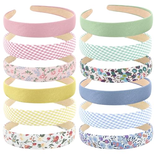 Wecoe 12pcs Headbands for Women Girls Summer Flower Floral Plain Checked Plaid Printed Headbands Hairbands Diy Costume Hair Accessories Women Girls Diademas Coreanas Para Mujer Gifts
