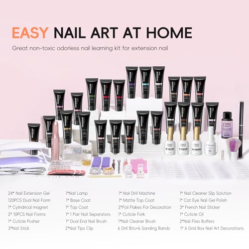 PEACECOLOR 52Pcs Poly Nail Gel Kit with Drill and U V Light 24 Colors Poly Nail Extension Gel with Cat Eye Nail Polish Glossy Matte Top Coat Nail Rhinestones Starter Kit Home Salon DIY Gifts for Women