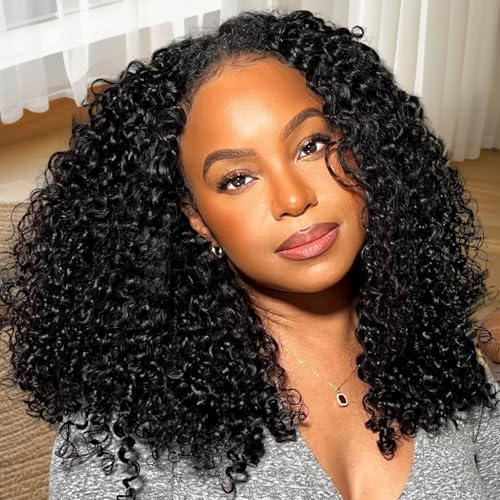 V SHOW V Part Wigs Human Hair Kinky Curly Upgrade Glueless Human Hair V-Part Clip in Wigs No Leave Out, No Glue, No Sew-in, Beginner Friendly 16 inch