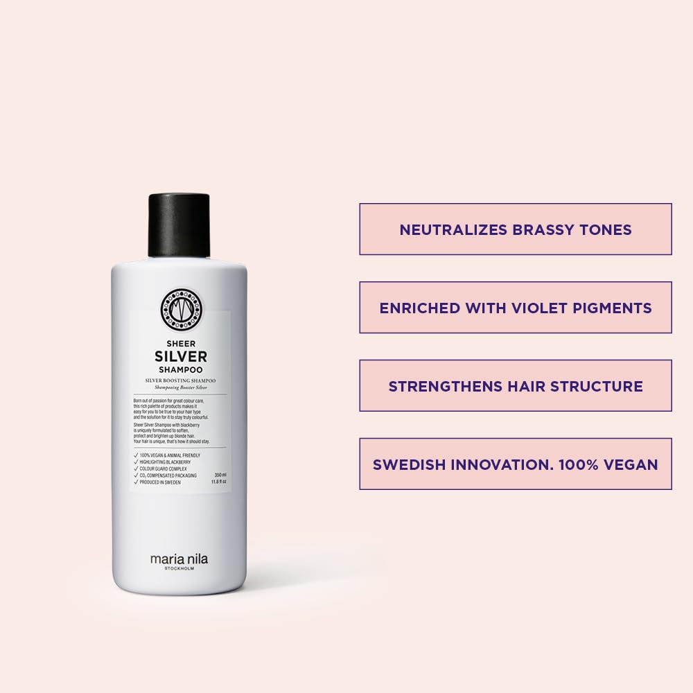 Maria Nila Sheer Silver, Silver/Purple Shampoo, Neutralizes Brassy Yellow/Golden Shades in Blonde, White & Grey Hairs, Violet Pigments Gives Cool Tone, 100% Vegan & Sulfate/Paraben free, 11.8 Fl Oz