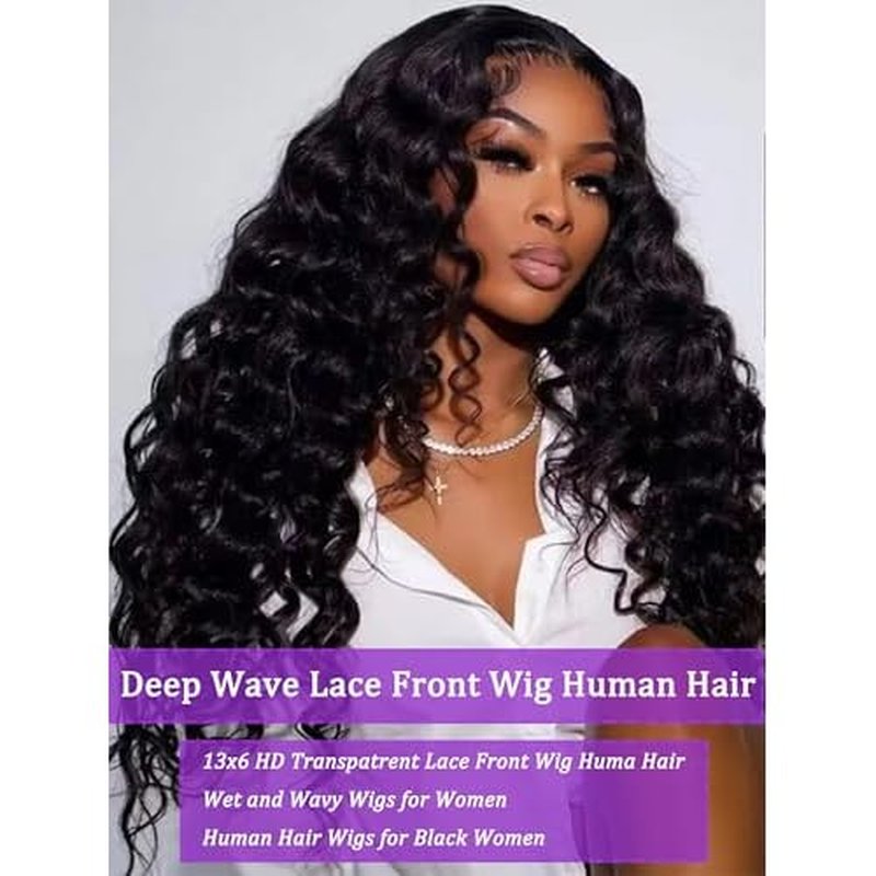 Deep Wave Lace Front Wig 13x6 Soft Remy Virgin Human Hair 180% Density HD Lace Frontal Wigs for Black Women Natural Color Pre Plucked Hairline