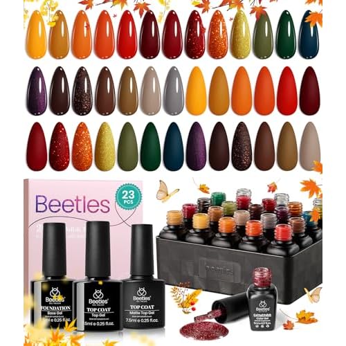 beetles Gel Polish Cozy Campfire Shade Collection - Fall Nail Fest Fall Gel Nail Polish Set, 20 Colors Autumn Orange Yellow Green Brown Red Shades UV LED Cured Soak Off DIY Manicure Gift for Girl