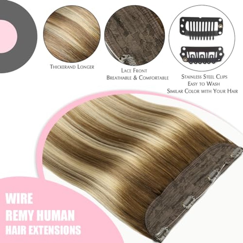 SURNEL Wire Hair Extensions 20 inch Balayage Walnut Brown to Ash Brown and Golden Blonde Invisible Wire Human Hair Extensions 80g(20,3/8/22)