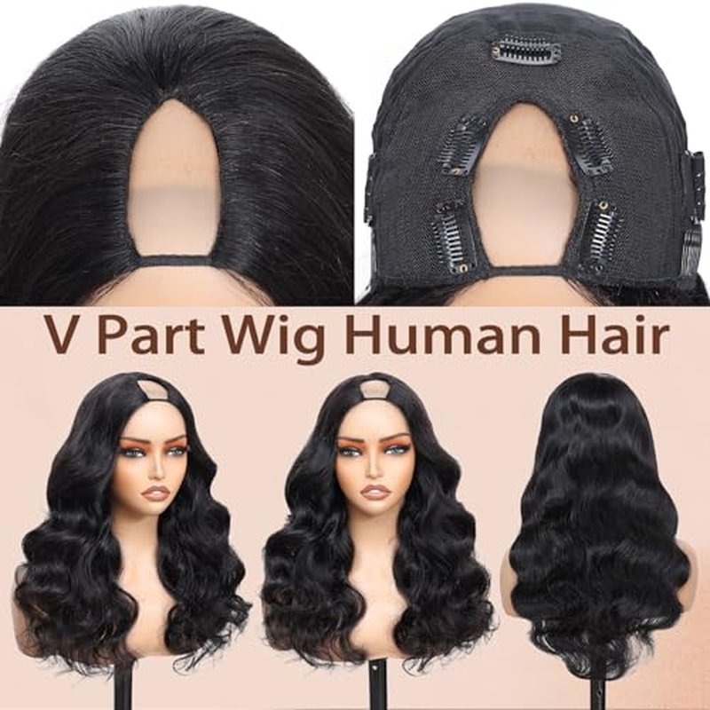V Part Wig Human Hair Body Wave Upgrade U Part Human Hair Wig With Adjustable Drawstring 200% Density V Shape Clip In Half Wig For Women Natural Color 18 Inch