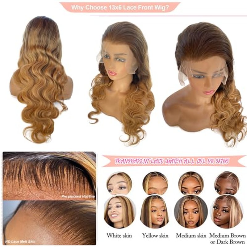 Smavida Highlight Ombre Body Wave HD Transparent Lace Front Wigs Human Hair,13x6 Honey Blonde Body Wavy Lace Frontal Wig Ombre Lace Front Wigs Human Hair for Women Pre Plucked with Bleached Knots 24¡±