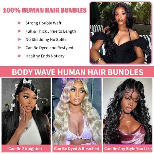 14A Human Hair Bundles 16 Inch Body Wave Bundles Human Hair 100% Unprocessed Brazilian Virgin Hair Body Wave 1 Bundle Human Hair Extensions for Women Natural Color Quick Weave