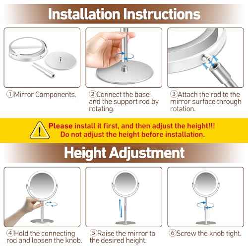 Magnifying Mirror with Light 20X, Height-Adjustable Lighted Makeup Mirror with Magnification, Double-Sided Aluminum Alloy LED Mirrors, 3 Lighting Modes Ideal for Bathroom Make-up, Silver