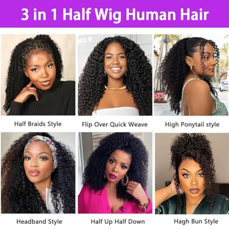 Half Wig Headband Wig 180% Density None Lace Front Headband Wigs for Black Women 3 In 1 Gluless Wigs 18 Inch