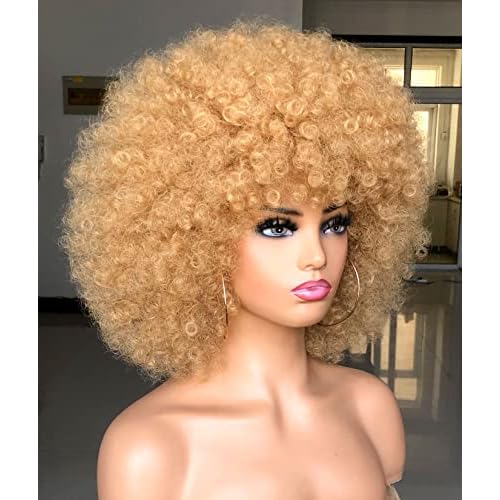 Short Afro Wig with Bangs for Black Women Afro Kinky Curly Wig 70s Premium Synthetic Big Afro Wigs(Blonde,Cap size:22.5-23inch)