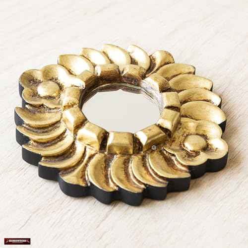 Handmade Small Gold Round Mirror 6in | Peruvian Hand-Carved Wood Hanging Mirror with Gold Leaf Finish for Wall Decor (Gold)