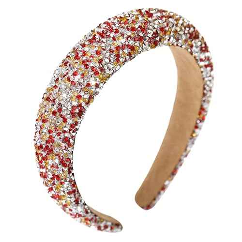 Silver Diamond Rhinestone Headbands for Women Girls Bling Sparkle Beaded Crystal Headband Jeweled Thick Padded Hairband Non Slip Glitter Hair Hoop B-(Red & Yellow)