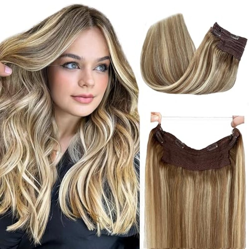 Ombre Halos Human Hair Extensions with Clip ins One Piece Hair Extensions with Secret Wire Dark Brown Balayage Light Brown with Ash Brown Secret Wire Hair Extensions 100G 22"