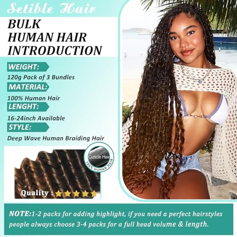 Ombre Human Braiding Hair for Boho Braids 24 Inch 120g Deep Wave Bulk Boho Human Hair for Braiding Curly Knotless Bohemian Braids 12A 100% Brazilian Virgin No Weft Extensions 3 Bundles/Pack T1B/30