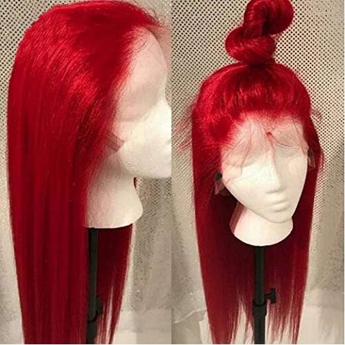 KRN Red Color Brazillian Virgin Human Hair Silky Straight 130% Density Lace Front Wigs Pre-Plucked Hairline Full Lace Wig with Baby Hair for Women (18 Inch, Lace Front Wig)
