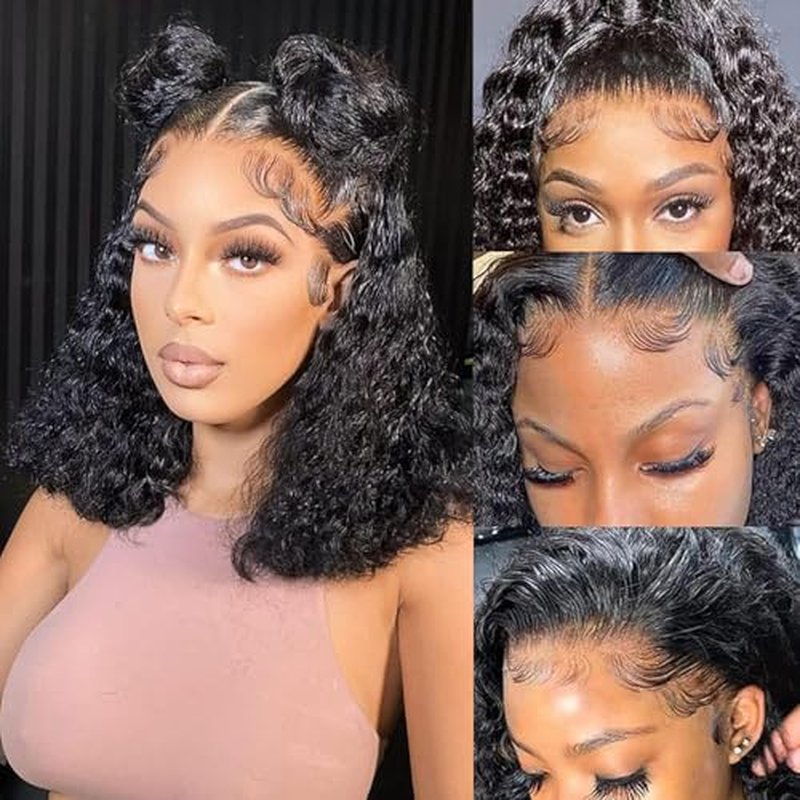 Bob Wig Human Hair 13x6 Deep Wave HD Lace Front Wigs Human Hair 250% Density Bob Curly Lace Frontal Wigs Brazilian Virgin Human Hair Wigs Pre Plucked with Baby Hair (Natural Color,14Inch)