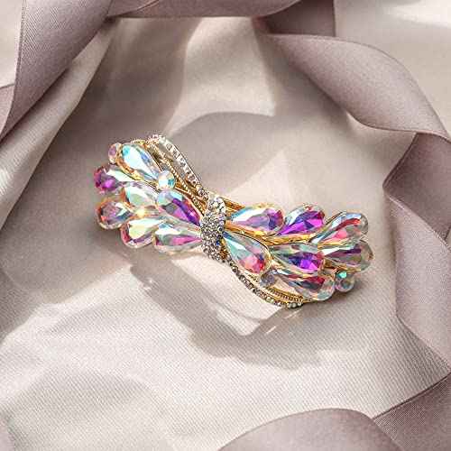 EVER FAITH Wedding Austrian Crystal Barrette Clip, Rhinestone Waterdrop Bowknot Hair Accessories for Women Iridescent AB Gold-Tone