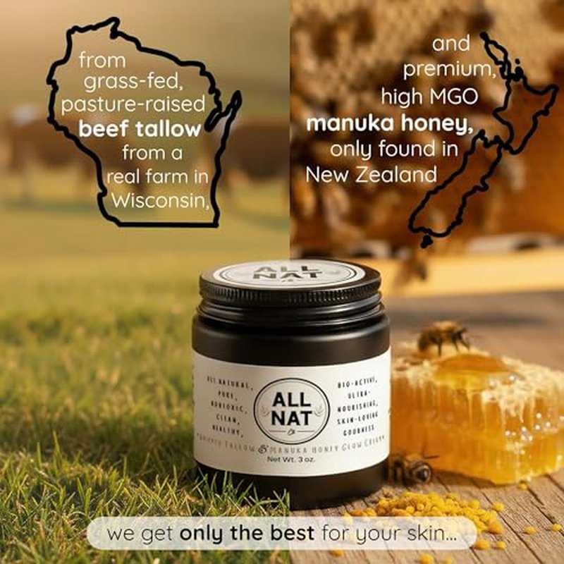 All Nat Whipped Beef Tallow & Manuka Honey Face Cream ? Hydrating, Clean Beauty Moisturizer for Sensitive Skin, Natural Skincare, 3.0 oz