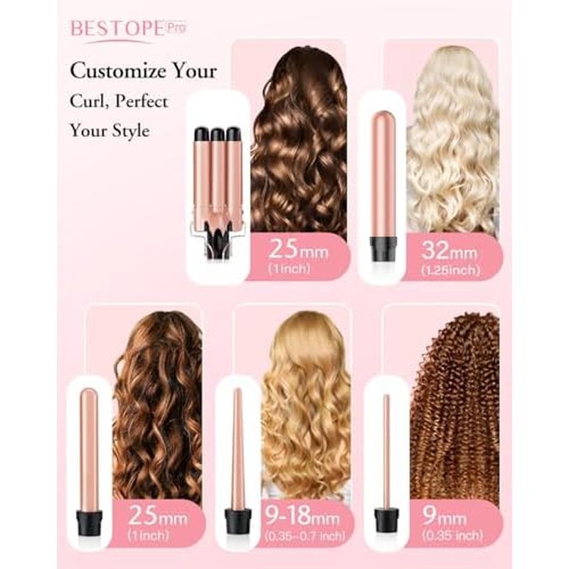 Waver Curling Iron Wand, BESTOPE PRO 5 in 1 Curling Wand Set with 3 Barrel Hair Crimper for Women, Fast Heating Hair Wand Curler in All Hair Type