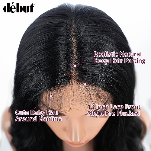 D?BUT 13x4 T Part Lace Front Body Wave Synthetic Wig Extra Long Wavy Middle Part Wigs Pre Plucked Hairline with Baby Hair 36 Inches 1B Color