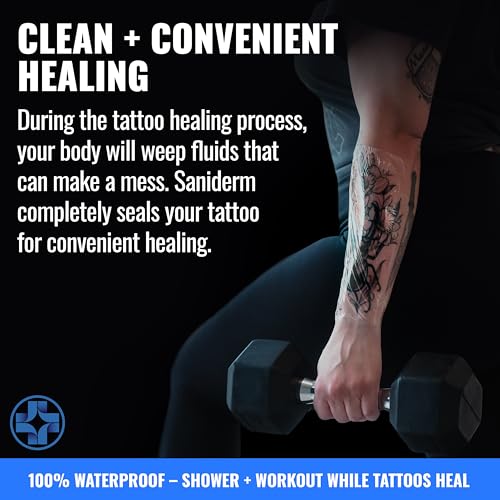 Saniderm Tattoo Aftercare Bandage 3 Sheets (Large Pack, 8 in x 10 in) ? Convenient, Faster Tattoo Healing and Protection ? Sterile, Waterproof, and Latex-Free