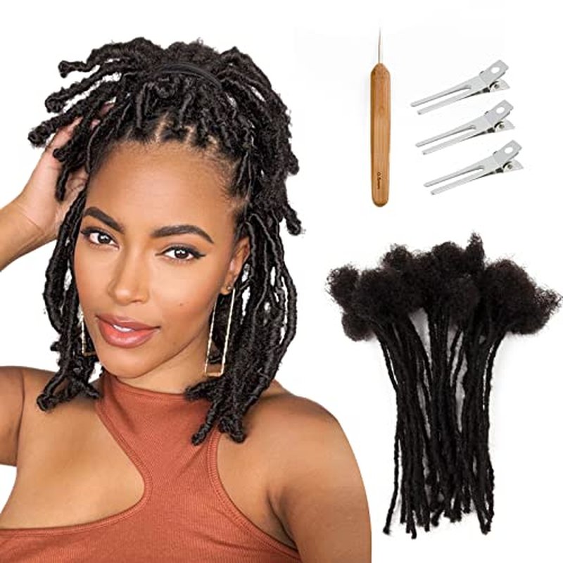 Loc Extensions Human Hair 0.2cm Width 8Inch-16Inch 20 Strands Dreadlock Extensions for Man/Women Handmade Permanent Soft Locs with Needle and Clips (14Inch, 20 Strands)