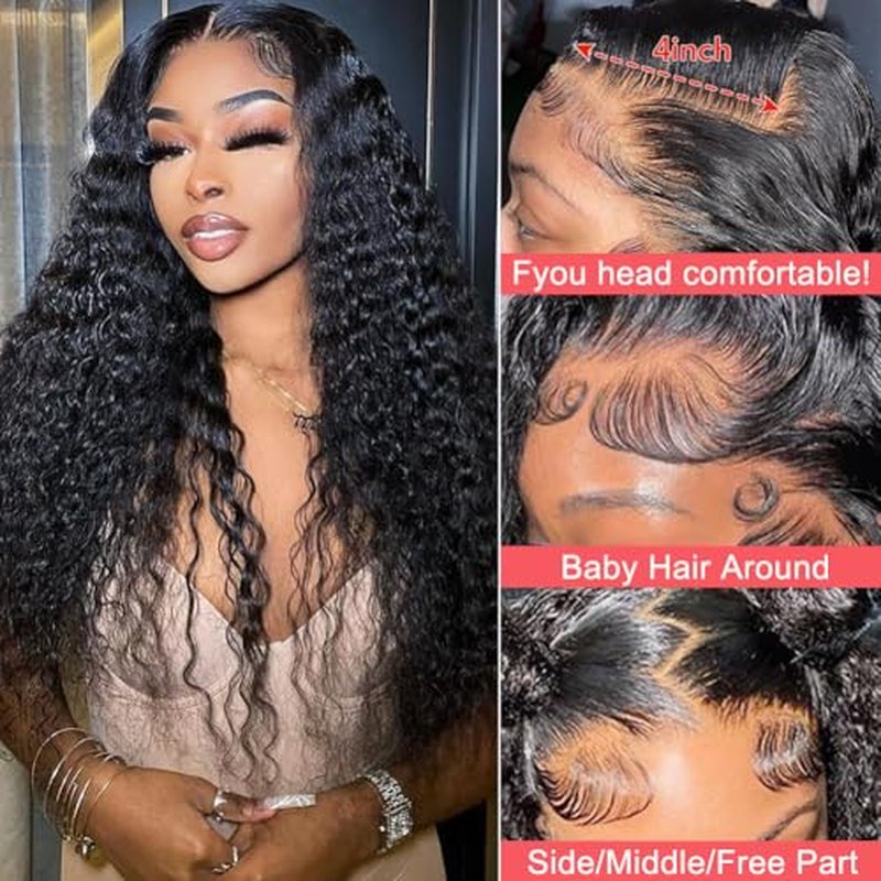 Deep Wave Lace Front Wigs Human Hair 200% Density 13x4 HD Curly Lace Frontal Glueless Wigs for Women Pre Plucked Deep Wave Natural Color (26 Inch)
