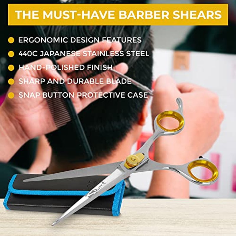 SHARF Gold Touch Barber 7.5 Inch, Professional Straight Shears 440c Japanese Stainless Steel Barber Scissors for Men and Women
