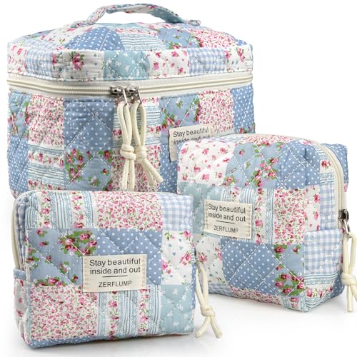 Cute Quilted Floral Makeup Bag(3Pcs)£¬Coquette Aesthetic Cosmetic Bag£¬Travel Toiletry Bags£¬ Kawaii Aesthetic pouch for Women (64-GridRose)
