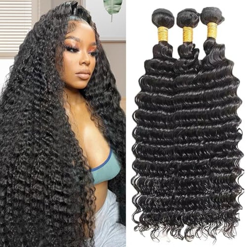 Deep Wave Human Hair Bundles 20 22 24 Inch Deep Curly Bundles Human Hair 12A Unprocessed Brazilian Virgin Weave 3 Bundles Real Human Hair Extensions 1B Bundles for Women