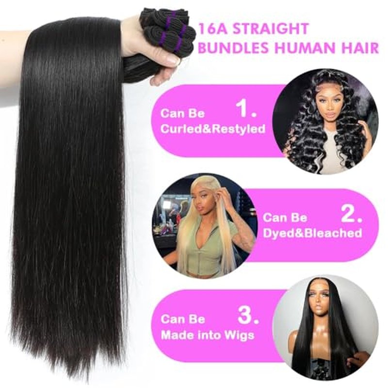 Straight Human Hair Bundles 100% Unprocessed Brazilian Virgin Human Hair 16A Straight 3 Bundles for Black Women Double Weft Natural Black