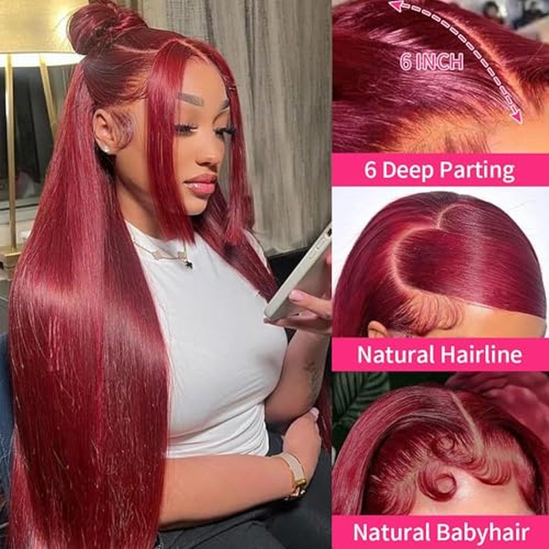28 Inch 99J Burgundy Lace Front Wigs Human Hair 13x6 HD Transparent Straight Lace Front Wig Human Hairs Pre Plucked Burgundy Wig Red Wine Glueless Frontal Wigs Human Hair Wigs for Women