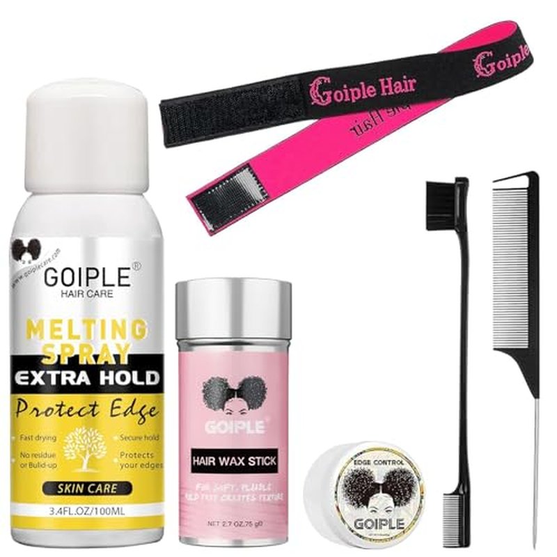 Goiple Lace Melting Spray for Wigs, Closures & Extensions - Styling Agent with Strong Natural Finish, Fast Drying, Water & Oil Resistant, Includes Hair Adhesive, Edge Control Wax & Hair Wax Stick