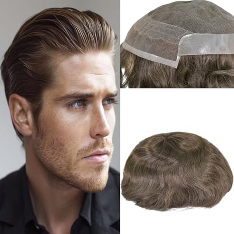 Men's Hairpiece European Human Hair Toupee 9x7inch Swiss Lace Skin PU Back Hair Replacement Wig 4# Medium Brown Color