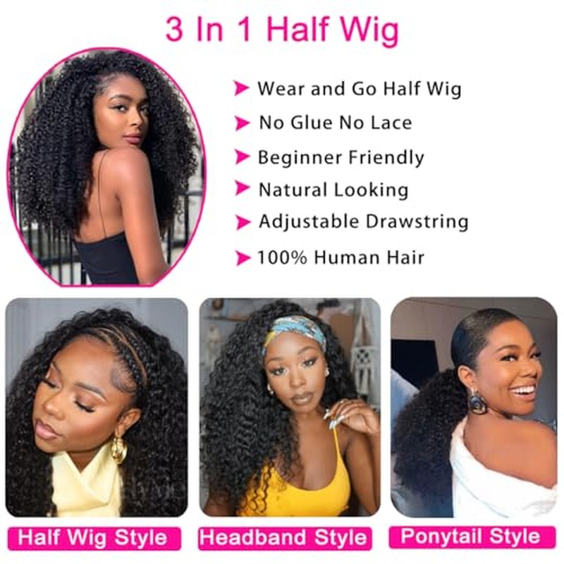Half Wig Human Hair Water Wave Half Wig 3 in 1 Glueless Wigs 200% Density Wear and Go Wigs Seamless Flip Over with Drawstring Beginner Friendly Curly Wig Headband Wig for Women 22 Inch