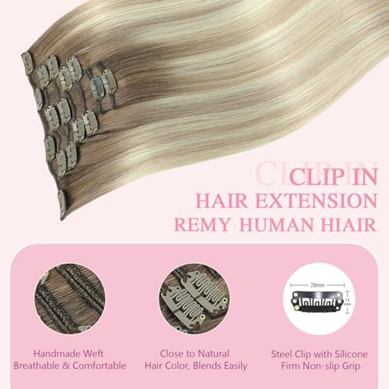 PINKPEARL Clip in Hair Extensions Real Human Hair, 16 Inch 120g 7pcs Human Hair Extensions Clip In, #8/60/18 Balayage Ash Brown to Platinum Blonde and Ash Blonde(#8/60/18-16)