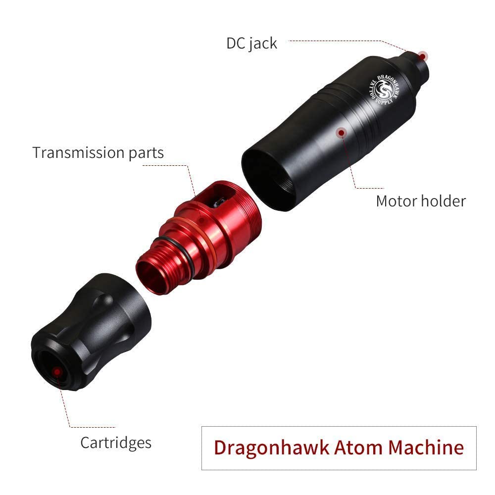Dragonhawk Atom Tattoo Machine Kit, 3.5mm Stroke Cartridge Pen, Black