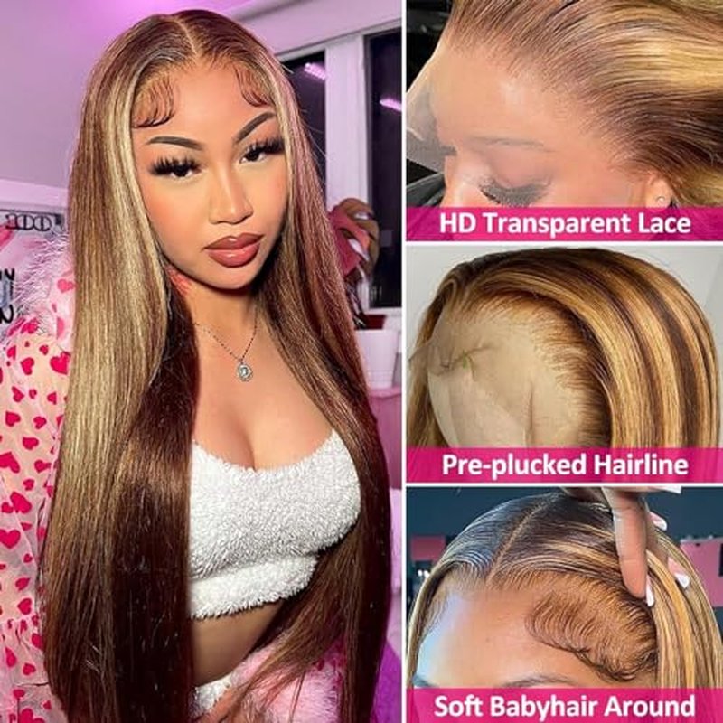 30 Inch Highlight Ombre Lace Front Wig - Human Hair, 180% Density, 13x4 Hd Transparent Lace, Honey Blonde, Straight