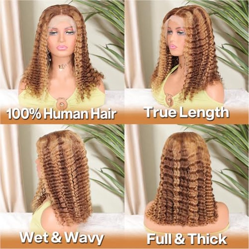 Curly Bob Wig Human Hair Deep Wave 13x4 HD Lace Front Wigs For Black Women Human Hair Pre Plucked Wear And Go Glueless Short Wet And Wavy Ombre Honey Blonde Highlight Color 4/27 16 Inch