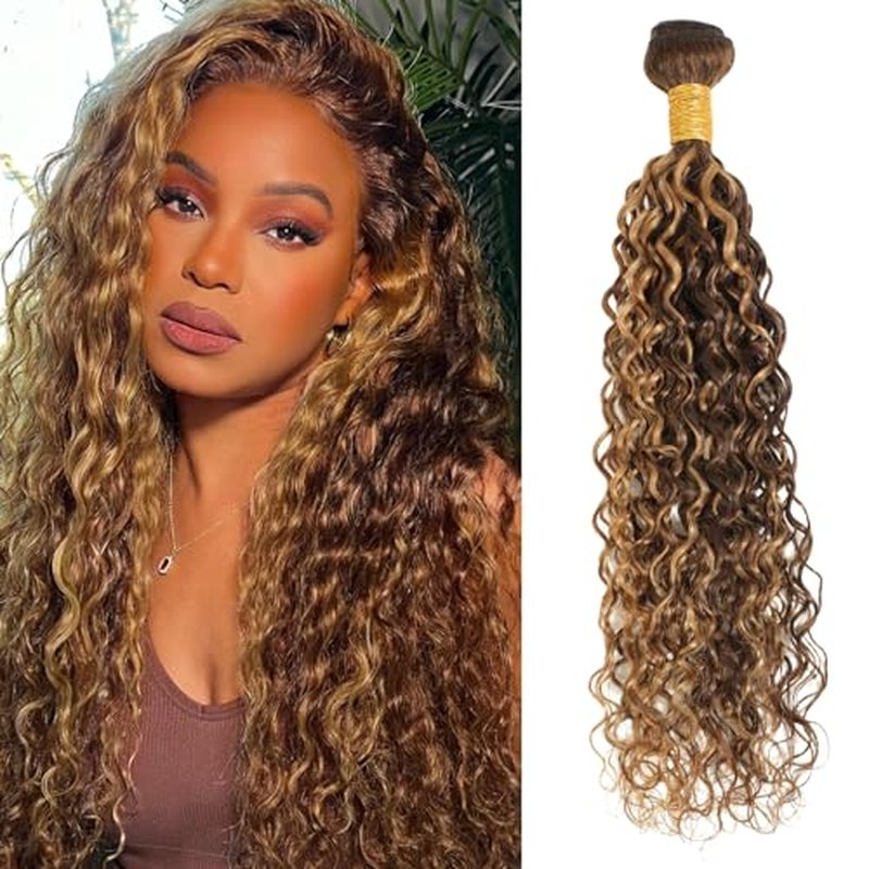 ALHER Honey Blonde Highlight Water Wave Bundles 28 Inch P4/27 Ombre Single Bundles Wet and Wavy Bundles Human Hair Highlight Brown Color 12A 100% Brazilian Virgin Remy Hair for Black Women Soft Thick