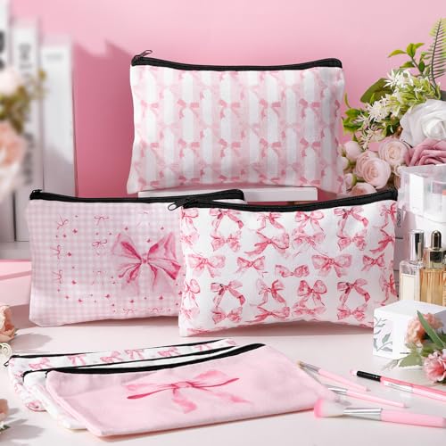 Kacctyen 9 Pcs Pink Bow Makeup Bag for Women Coquette Cosmetic Bag Bulk Preppy Pouch Coquette Gift with Zipper for Birthday Paty Favor Girls Travel Storage Accessories