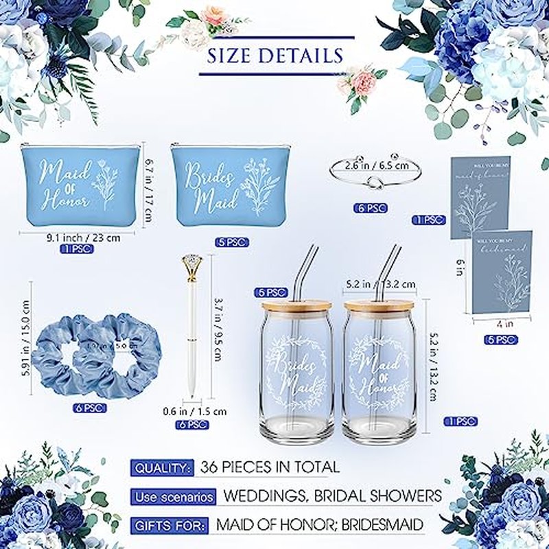 Irenare 36 Pcs Bridesmaid Proposal Gifts Set of 6 Will You Be My Bridesmaid 16 oz Glass Cup Brides Maid Cosmetic Bags Cards Bracelets Bridal Shower Favor Wedding Supplies Bachelorette Party(Blue)