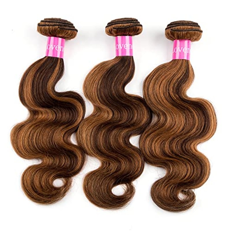 Highlight Body Wave Human Hair Bundles Brazilian Body Wave 3 Bundles 12+14+16 inch 10a 100% Brazilian Virgin Human Hair Bundles Piano Color 4/27 (12 14 16, P4/27)
