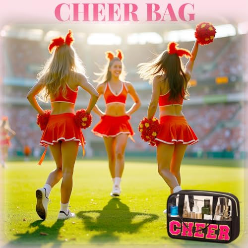 Chenille Pink Letter Cheer Bag Cheerleader Gifts for Team Women Girls Cheer Stuff Accessories Makeup Bag with Handle and Zipper, Cheer Gifts