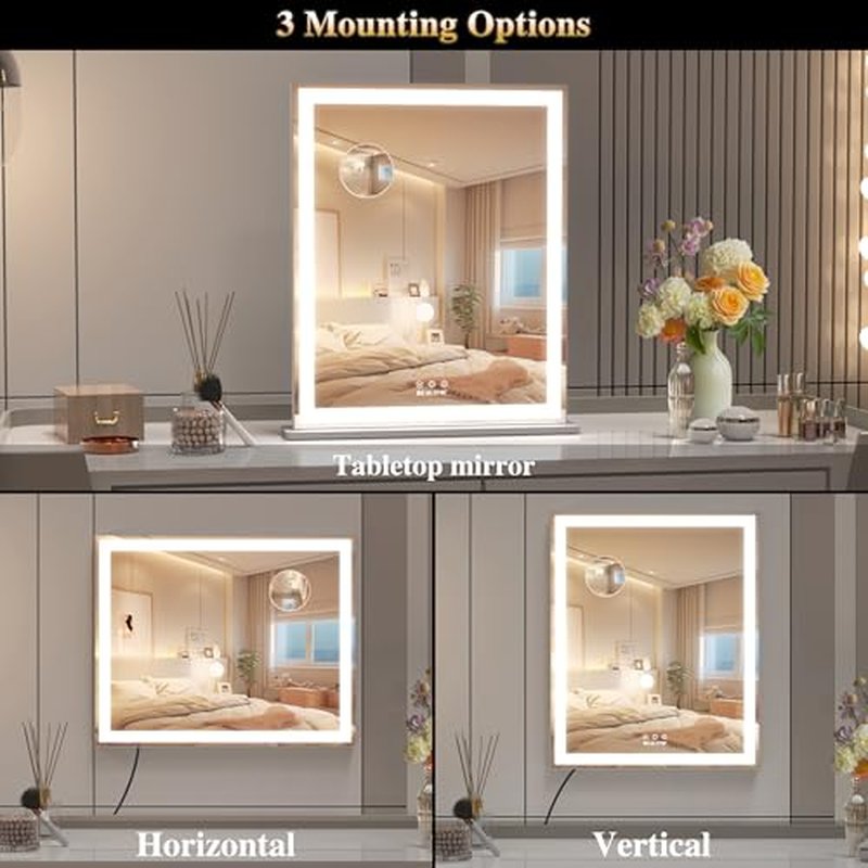 BEAUTME Vanity Mirror 20.5x24.1 Inch,Makeup Mirror with Lights,Hollywood Mirror,LED Mirror for Bedroom,Aluminium Frame,Tabletop/Wall Mount,Horizontal/Vertical,Silver