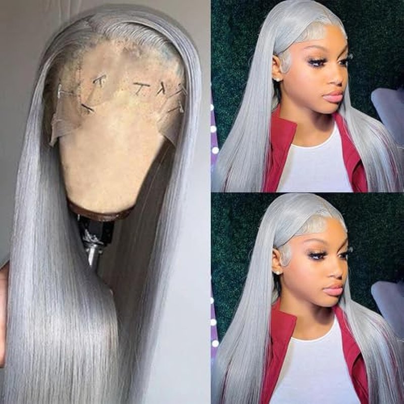 Smartinnov Silver Lace Front Wigs Human Hair 20 Inch for Women Platinum Grey Straight Real Hair Pre Plucked 150% Density 13¡¿4 HD Transparent Lace Frontal Wig Glueless Grey Lace Front Wigs for Women