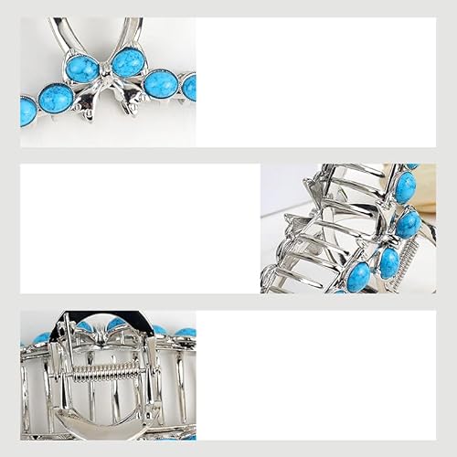 SINIDE Turquoise Blue Stone Hair Claw Clips, Large Metal Retro Bowknot Claw Clip for Women Strong Hold Non-Slip Catch Barrette Jaw Clamp for Long Thick Hair, Fashion Styling Accessories (2 Pack)