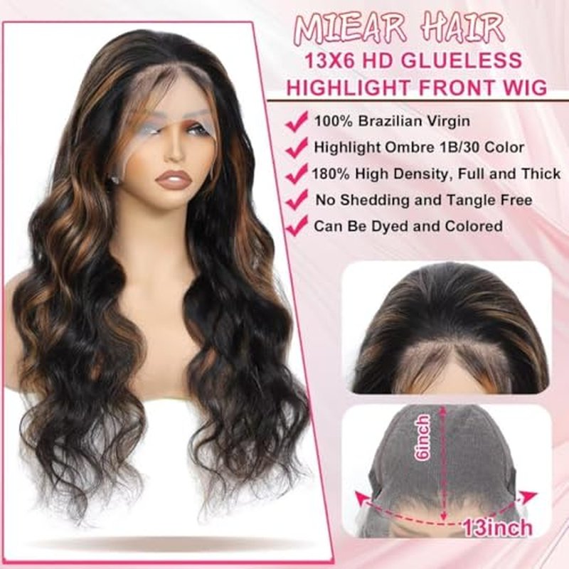 Ombre Highlight Lace Front Wigs Human Hair 13x6 Body Wave 1B/30 Lace Front Wig 180% Density HD Transparent Lace Frontal Wigs Human Hair Balayage Wig for Black Women 18 inch