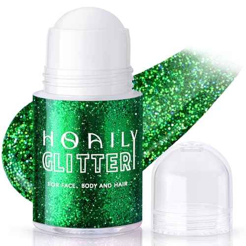 Roll-on Green Body Glitter Gel for Face Hair, St Patricks Day Accessories, Chunky Mermaid Sequins Halloween Festival Party Rave Outfits Christmas Face Paint Glitter Makeup for Women Kids