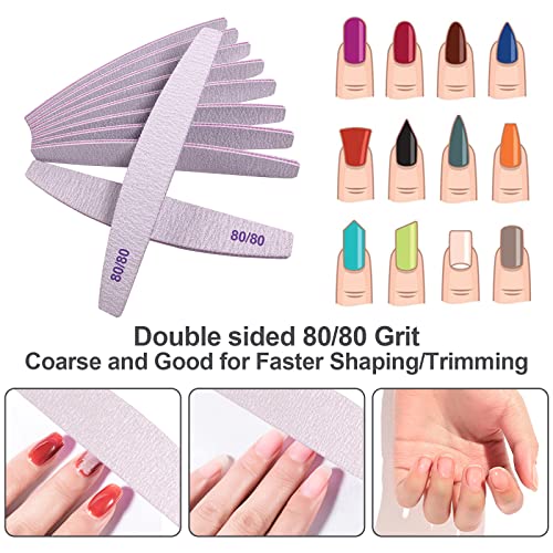 80/80 Grit Nail Files (10 Pack), Emery Boards for Acrylic Nails and Gel Nails, Coarse Nail File Double Sided 80 Grits Emory Professional Nail Filers Reusable Washable Manicure Curved Gray