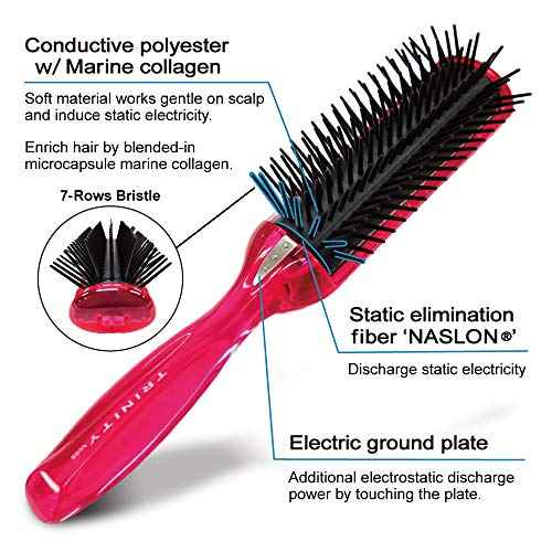 BS Anti Static Hairbrush [Made in Japan] 7 Row Curly Hair Brush for Styling, Blow-Drying, and Detangling, Static Free Hair Brushes for Women (Pink)